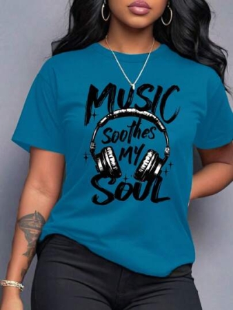 Chiquease 'Music Soothes My Soul' Headset Graphic Tees Letter Slogan T-Shirt, Round Neck Short Sleeved Women Tops