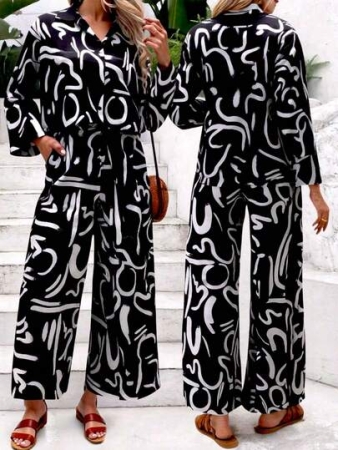 MOOD WOOD MOOD WOOD Women's Fall/Winter Two-Piece Set - Black-And-White Artistic Graffiti Print Long-Sleeve Shirt Paired With High-Waisted Wide-Leg Pants. Silk-Blend Casual Resort Streetwear Ensemble, Perfectly Suited For Everyday Leisure, Vacations, Cafés, Art Exhibitions, Dates, Halloween, And Christmas Costumes.