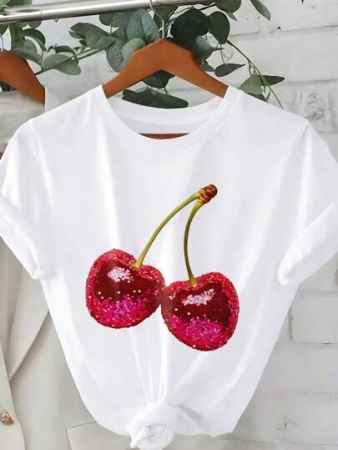 SHEIN EZwear Women's Casual Cherry Print Short Sleeve Tee, Streetwear Style, Cute Summer Top, Vacation Vibe