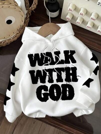 Slaydiva Casual Minimalist Printed Hooded Long Sleeve Loose Fit Thick Sweatshirt For Women, Suitable For Autumn/Winter, "Walk With God" Print,Fall