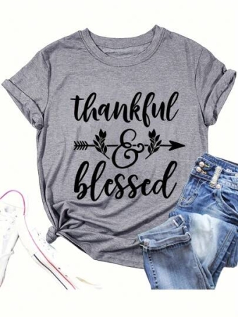 EMERY ROSE Women's Slogan Printed Short Sleeve T-Shirt Thankful & Graphic Tees Women Tops