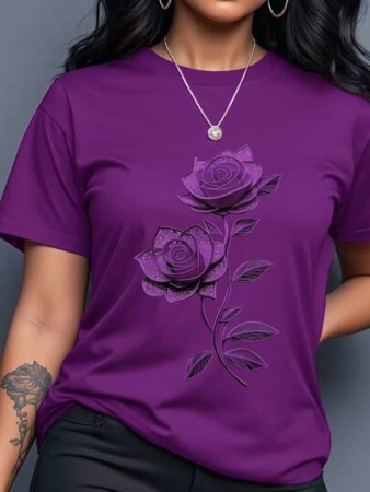 INAWLY Women's Purple Floral Print Round Neck Short Sleeve T-Shirt, Suitable For Summer