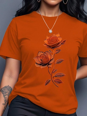 INAWLY Women's Purple Floral Print Round Neck Short Sleeve T-Shirt, Suitable For Summer - Image 53