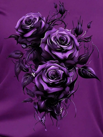 INAWLY Women's Purple Floral Print Round Neck Short Sleeve T-Shirt, Suitable For Summer - Image 66