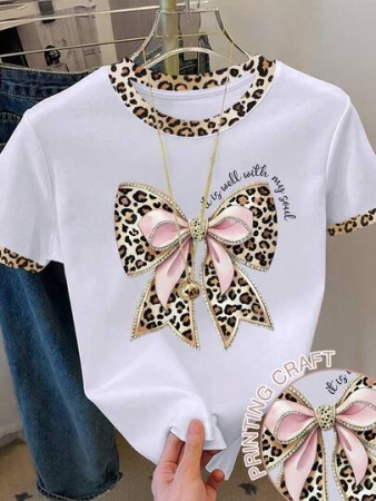 Franclia Women's Leopard Print Bow Decor Round Neck T-Shirt