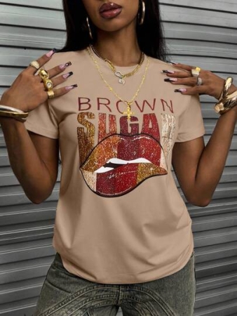 SHEIN Round Neck Short Sleeve T-Shirt With Letter Print And Color Blocking For Summer Graphic Tees Women Tops