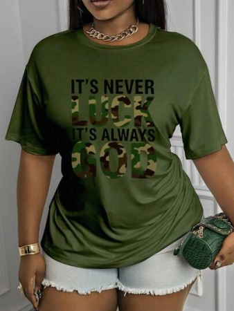 Maweii Women's Casual T-Shirt - "It's Never Luck It's Always God" Camouflage Print White Short Sleeve Top, Round Neck, Machine Washable, All-Season Comfort, Motivational Apparel, Easy Care Clothing