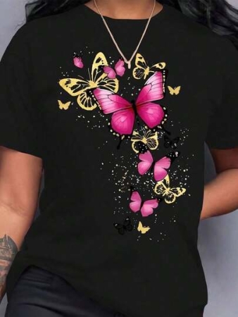 Standard Size Women's Casual Butterfly Print Crew Neck Short Sleeve T-Shirt, Patterned T-Shirt For Women In Summer-Unisex