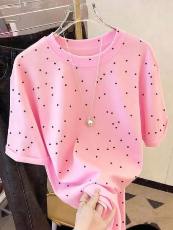 Resyla Women's Regular Polka Dot Print Short Sleeve Round Neck T-Shirt, Summer