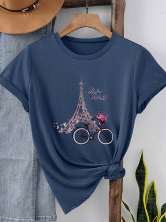 INAWLY Women's Casual Floral, Eiffel Tower & Bicycle Print Round Neck Short Sleeve T-Shirt Graphic Tees Women Tops
