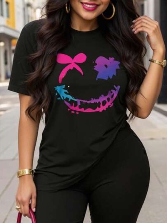 INAWLY Women's Casual Comfortable Distinctive Smiling Face Black Round Neck Short Sleeve T-Shirt