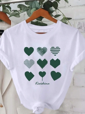 Stylish Women's T-Shirt With Heart & Slogan Design - Casual Knit - White With Green Hearts, Perfect For Spring/Summer/Fall - Image 2