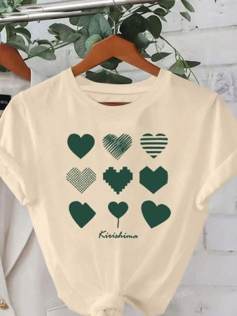 Stylish Women's T-Shirt With Heart & Slogan Design - Casual Knit - White With Green Hearts, Perfect For Spring/Summer/Fall - Image 8