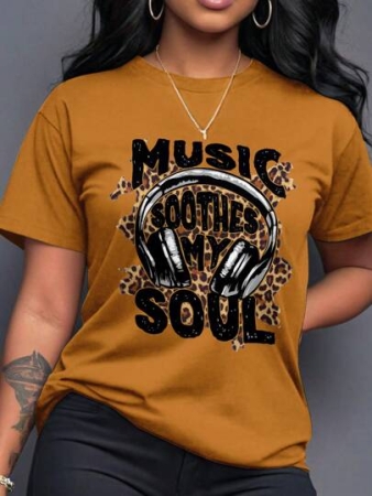 SHEIN LUNE Music Soothes My Soul Leopard Print Slogan Crew Neck Short Sleeve T-Shirt For Women