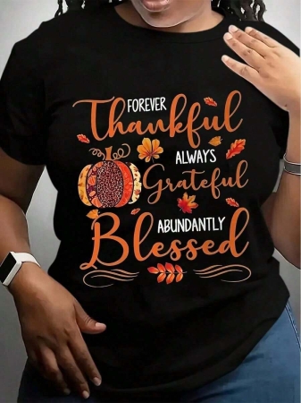 Women's Plus Size Thanksgiving Graphic T-Shirt - Happy Thanksgiving Print With Pumpkins, Casual Short Sleeve Round Neck Top, Machine Washable Spring/Summer Holiday Apparel Thanksgiving T Shirts, Spring Summer Top, Relaxed Fit Tee, Pullover Style Shirt, Seasonal Apparel Breathable Material, Festive Fashion-Unisex - Image 2