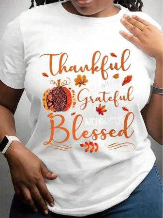Women's Plus Size Thanksgiving Graphic T-Shirt - Happy Thanksgiving Print With Pumpkins, Casual Short Sleeve Round Neck Top, Machine Washable Spring/Summer Holiday Apparel Thanksgiving T Shirts, Spring Summer Top, Relaxed Fit Tee, Pullover Style Shirt, Seasonal Apparel Breathable Material, Festive Fashion-Unisex - Image 7