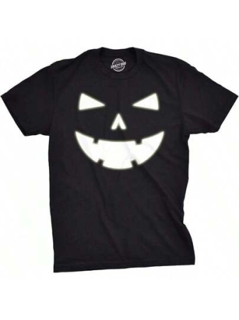 [100% Cotton] Happy Tooth Glowing Pumpkin Face Glow In The Dark Halloween Tee, Casual Short Sleeve Spooky Season Pullover Tops For Spring / Summer / Fall-Unisex Women & Men's Festival Daily Wear