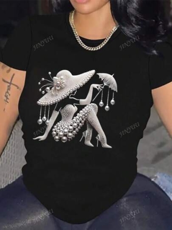 Elegant Pearl Lady Graphic Women'S Short Sleeve T-Shirt, Stretchy Polyester Fabric, Crew Neck Pullover, Casual Streetwear Top For Spring/Summer, Black With White And Pearl Design