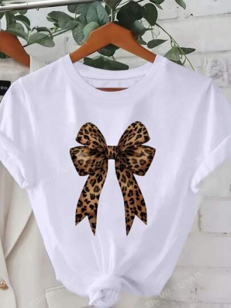 Women Leopard Bow T-Shirt, Casual Crew Neck Short Sleeve Top, 95% Polyester 5% Spandex Knit Fabric, Regular Length, Fashionable For Summer And Spring