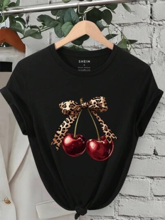 INAWLY Women's Cherry Print Casual Round Neck Short Sleeve T-Shirt For Summer