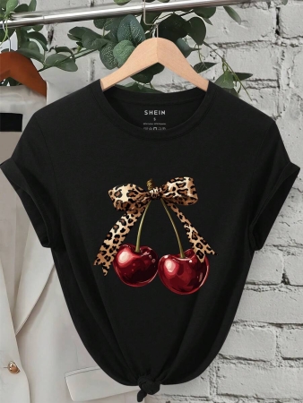 INAWLY Women's Cherry Print Casual Round Neck Short Sleeve T-Shirt For Summer - Image 2