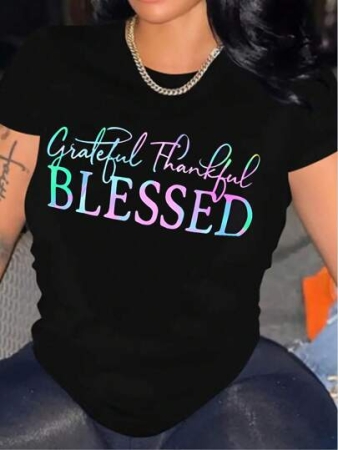 Rovax Slogan Graphic Tee Grateful Thankful Graphic Tees Women Tops
