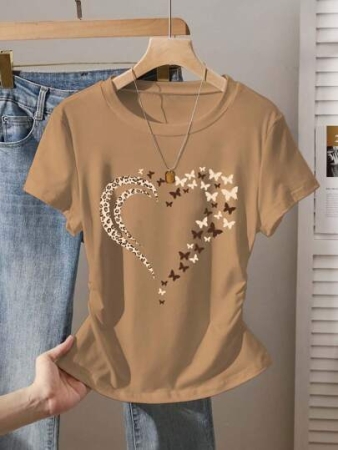 INAWLY Women's Butterfly & Heart Print Graphic Tee With Cinched Waist, Summer New Arrival