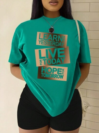 SHEIN Letter Printed Round Neck Short Sleeve T-Shirt LEARN FROM YESTERDAY LIVE FOR TODAY HOPE FOR TOMORROW Graphic Tees Women Tops
