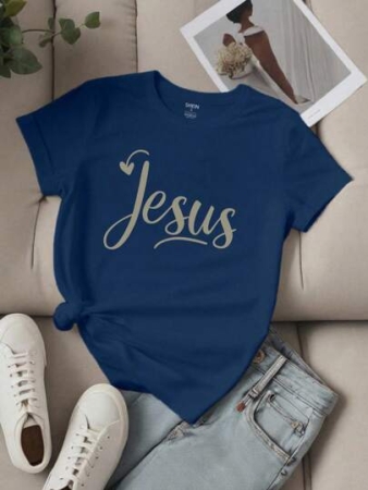 EMERY ROSE Women's Tops Letter "Jesus" Simple Graphic Print Round Neck Short Sleeves T-Shirt
