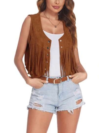 Women's Tassel Suede Vest Solid Color Front Button Sleeveless Hippie Crop Jacket Retro Waistcoat