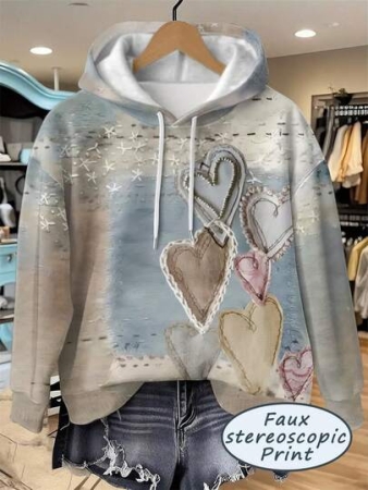 Glissea Romantic Sea Salt Heart Print, Vintage Aged Three-Dimensional Feeling Print Hooded Women's Sweatshirt, Suitable For Fall And Winter, Fashion Sweatshirt, Beautiful Sweatshirt , Sibling Gift, Sister Gift, Fun Sweatshirt, Casual Simple Fashion Sweatshirt