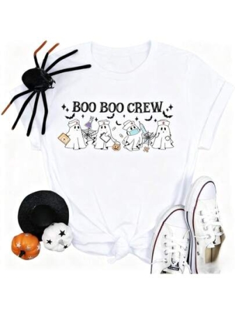 [100% Cotton] Halloween Ghost Nurse Shirts - Boo Boo Crew Graphic Tee Funny Spooky Season T Shirt Fall Short Sleeves Tops-Unisex Women & Men's Festival Daily Wear