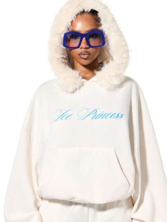SUMWON WOMEN Oversized Graphic Slogan Print Hoodie With Faux Fur Trim Hood