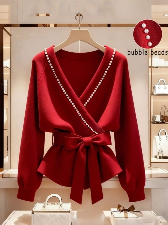 Franclia French Temperament Waist Beaded Light Luxury Red Jacket Autumn Temperament High-End Sense Of Fashion Chic Slim Fit Versatile Knitted Red Top Thanksgiving Wear New Year's Clothing Christmas Jacket Red Party Jacket Women's Autumn Matching Autumn Women's Clothing Regular Jacket - Image 2