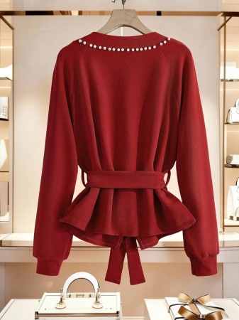 Franclia French Temperament Waist Beaded Light Luxury Red Jacket Autumn Temperament High-End Sense Of Fashion Chic Slim Fit Versatile Knitted Red Top Thanksgiving Wear New Year's Clothing Christmas Jacket Red Party Jacket Women's Autumn Matching Autumn Women's Clothing Regular Jacket - Image 3