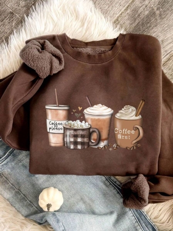 Lalippa Women's Coffee Print Crew Neck Long Sleeve Casual Fleece Sweatshirt, Autumn/Winter - Image 2