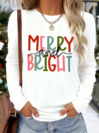 EMERY ROSE Simple Letter Design Long Sleeve T-Shirt, Fashionable For Women In Winter Christmas - Image 6