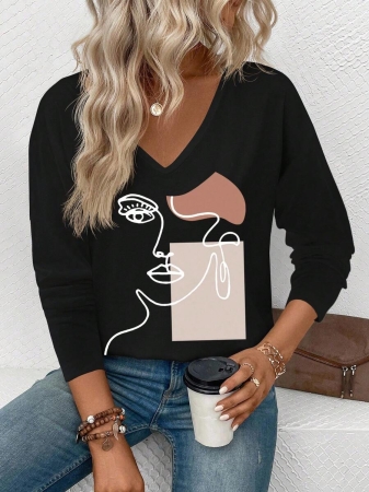 EMERY ROSE Women's V-Neck Cuffed Sleeve, Best-Selling Ombre Heart Print Casual Versatile Long Sleeve T-Shirt - Image 4