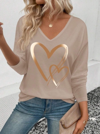 EMERY ROSE Women's V-Neck Cuffed Sleeve, Best-Selling Ombre Heart Print Casual Versatile Long Sleeve T-Shirt - Image 43