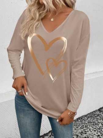 EMERY ROSE Women's V-Neck Cuffed Sleeve, Best-Selling Ombre Heart Print Casual Versatile Long Sleeve T-Shirt - Image 45
