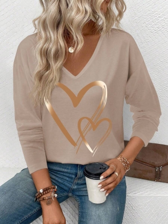 EMERY ROSE Women's V-Neck Cuffed Sleeve, Best-Selling Ombre Heart Print Casual Versatile Long Sleeve T-Shirt - Image 46