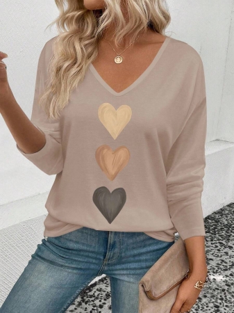 EMERY ROSE Women's V-Neck Cuffed Sleeve, Best-Selling Ombre Heart Print Casual Versatile Long Sleeve T-Shirt - Image 53