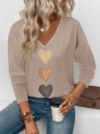 EMERY ROSE Women's V-Neck Cuffed Sleeve, Best-Selling Ombre Heart Print Casual Versatile Long Sleeve T-Shirt - Image 54