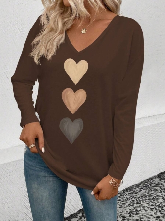 EMERY ROSE Women's V-Neck Cuffed Sleeve, Best-Selling Ombre Heart Print Casual Versatile Long Sleeve T-Shirt - Image 100