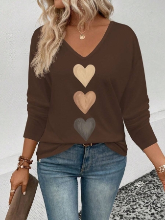 EMERY ROSE Women's V-Neck Cuffed Sleeve, Best-Selling Ombre Heart Print Casual Versatile Long Sleeve T-Shirt - Image 102
