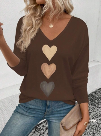 EMERY ROSE Women's V-Neck Cuffed Sleeve, Best-Selling Ombre Heart Print Casual Versatile Long Sleeve T-Shirt - Image 103