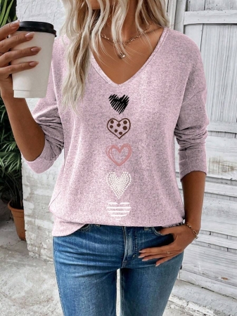 EMERY ROSE Women's V-Neck Cuffed Sleeve, Best-Selling Ombre Heart Print Casual Versatile Long Sleeve T-Shirt - Image 110