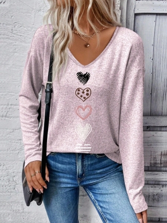 EMERY ROSE Women's V-Neck Cuffed Sleeve, Best-Selling Ombre Heart Print Casual Versatile Long Sleeve T-Shirt - Image 112