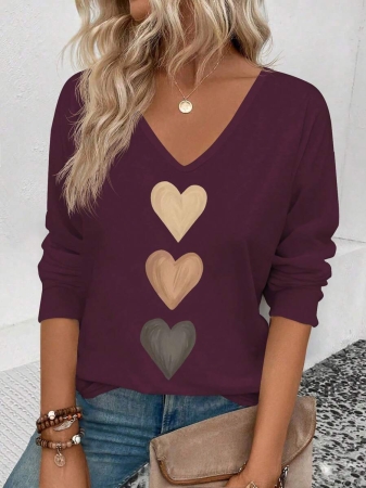 EMERY ROSE Women's V-Neck Cuffed Sleeve, Best-Selling Ombre Heart Print Casual Versatile Long Sleeve T-Shirt - Image 113