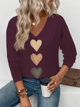 EMERY ROSE Women's V-Neck Cuffed Sleeve, Best-Selling Ombre Heart Print Casual Versatile Long Sleeve T-Shirt - Image 116